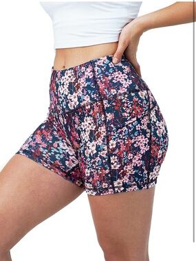 High-Waist Floral Performance Shorts in Navy Pink